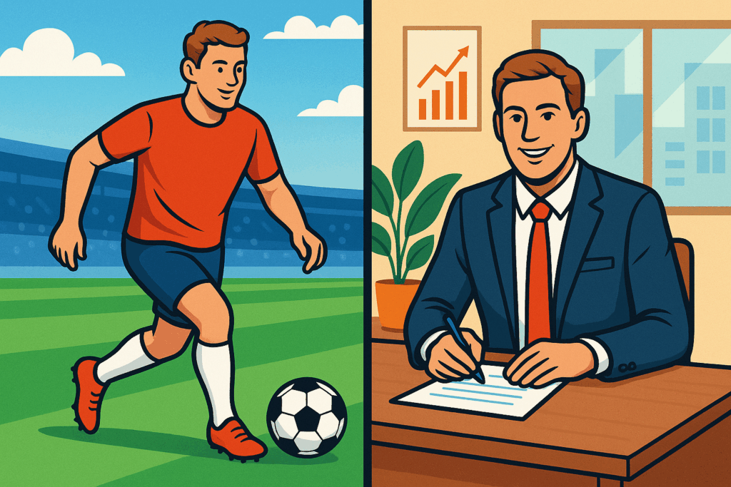 Split image showing a soccer player on the field and the same individual later in a business suit signing documents at a desk—symbolizing the transition from professional athlete to private equity investor.