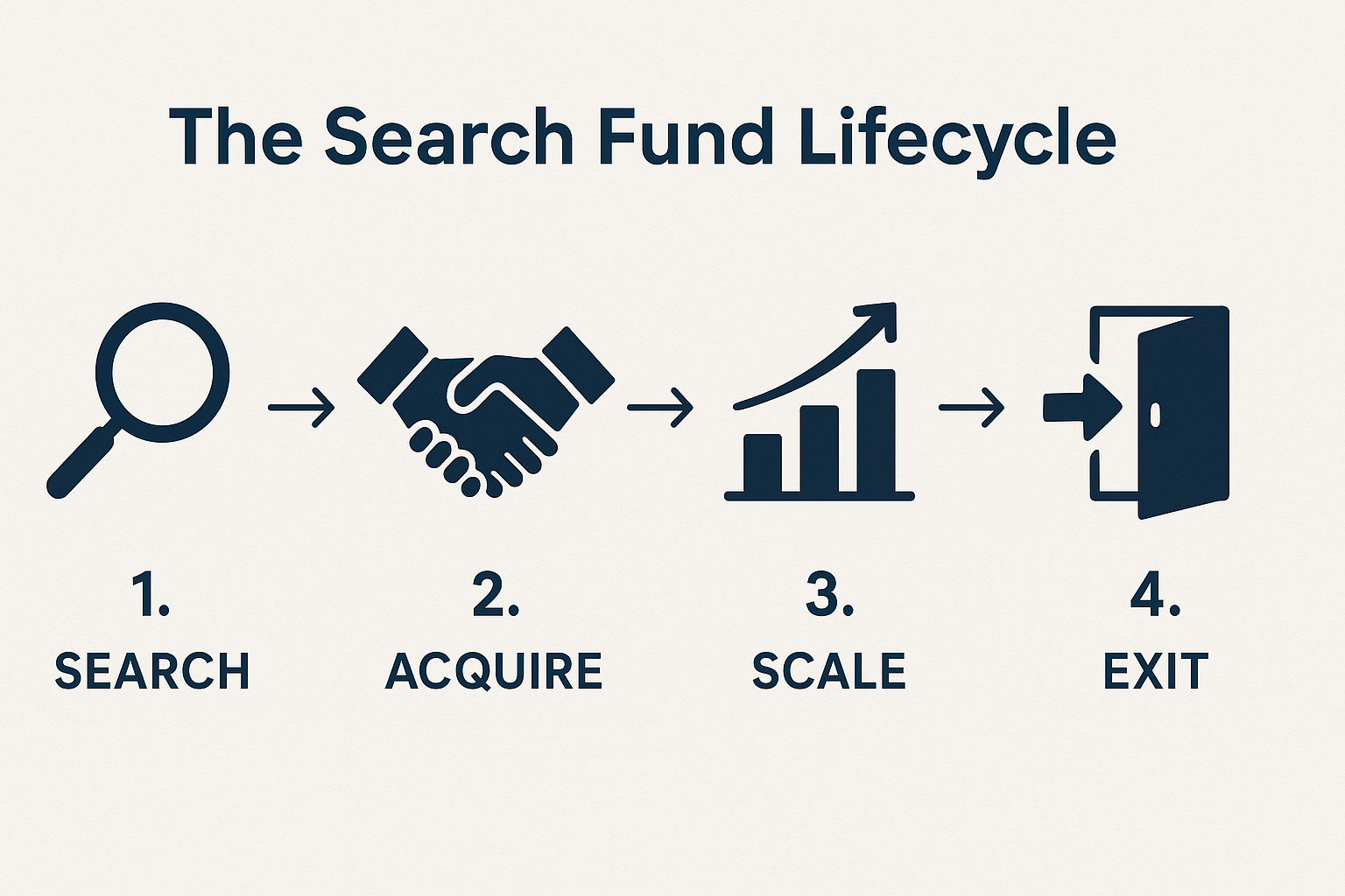 Illustration showing the four stages of a search fund lifecycle: search, acquire, scale, and exit—represented by icons of a magnifying glass, handshake, growth chart, and door.