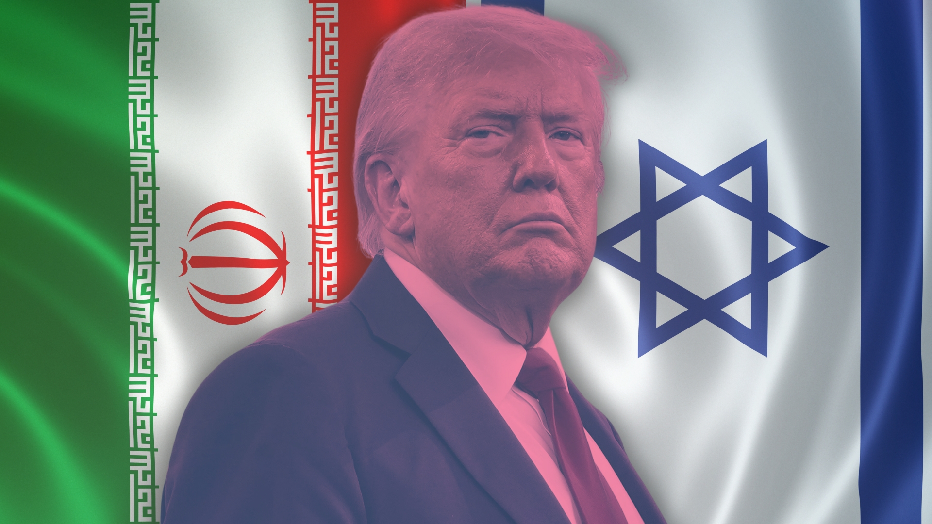 Image of Iran and Israel flags with Donald Trump in front, symbolizing the 2025 Israel-Iran conflict. Highlights minimal financial market impact amid geopolitical tensions as of June 19, 2025.