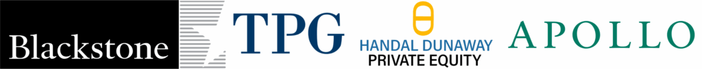 Logos of Blackstone, TPG, Handal Dunaway Private Equity, and Apollo Asset Management