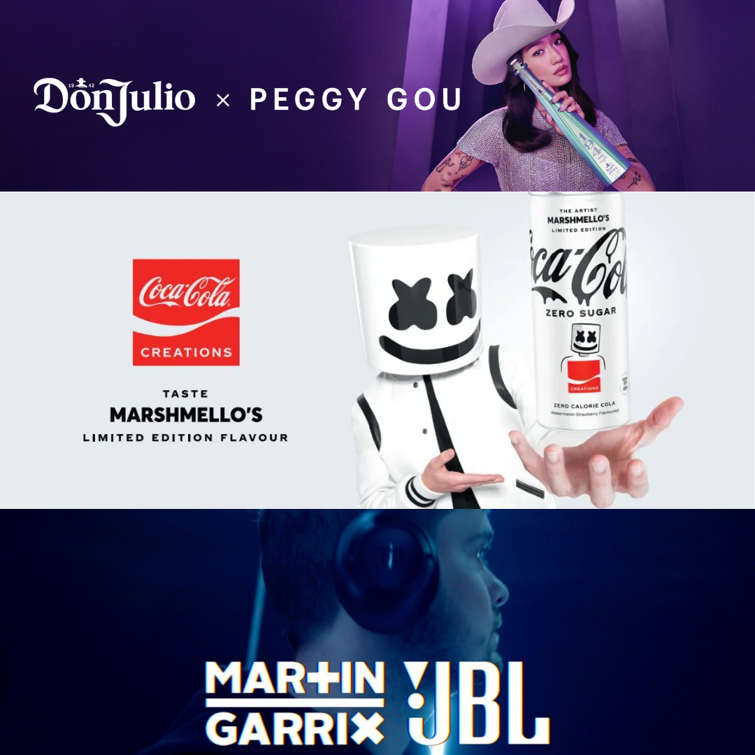 Collage of artist brand collaborations featuring Peggy Gou with Don Julio, Marshmello with Coca-Cola, and Martin Garrix with JBL headphones, symbolizing how artists leverage partnerships for financial equity.