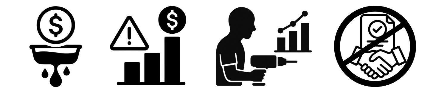 Icons showing investment risks for doctors in search funds: illiquidity, concentration risk, reliance on operator skill, and restricted deal access.