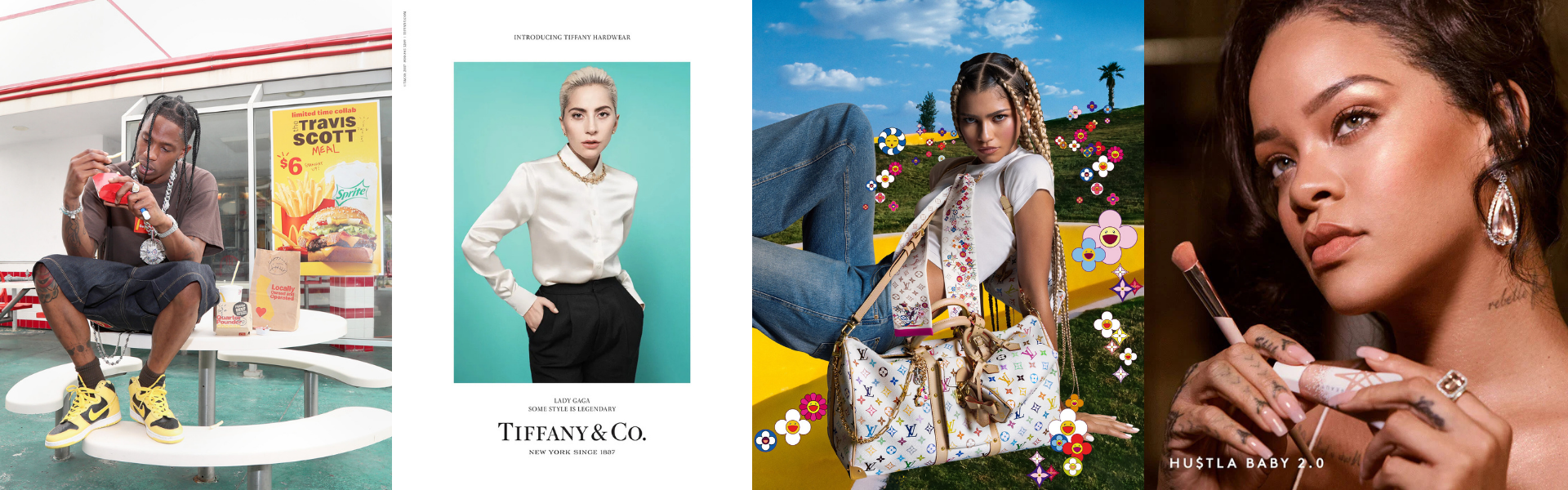 Collage of four iconic examples of artist brand alignment: Travis Scott with McDonald’s, Lady Gaga for Tiffany & Co., Zendaya for Louis Vuitton, and Rihanna with Fenty Beauty.