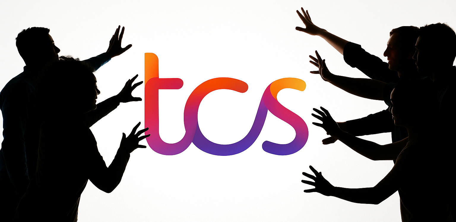 Silhouetted figures reaching toward the TCS logo, symbolizing competition and demand for H-1B visa opportunities within the tech industry.