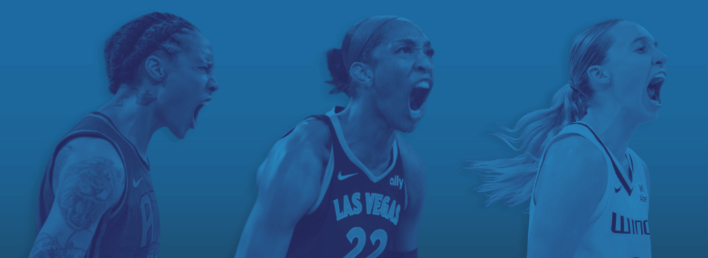 WNBA stars Brittney Griner, A’ja Wilson, and Sabrina Ionescu shouting in celebration, symbolizing the intensity, competitiveness, and growing power of women’s basketball.