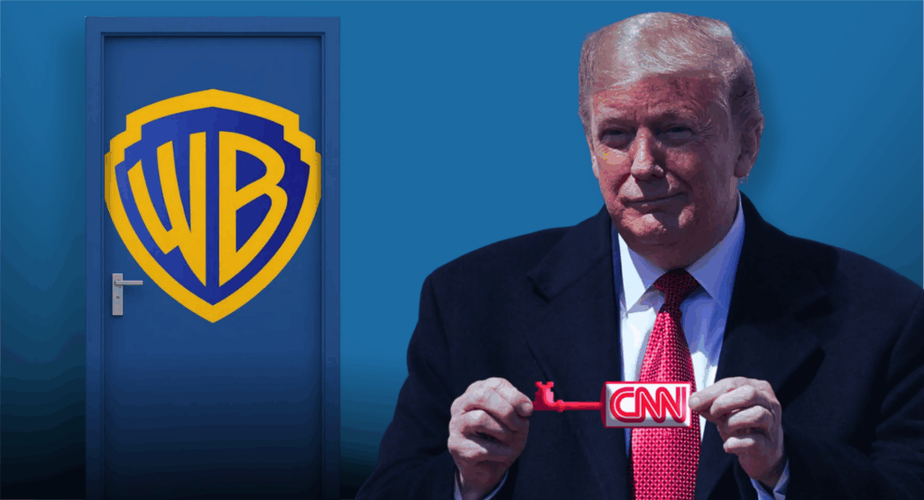 A political-style illustration of Donald Trump holding a red key labeled “CNN” in front of a closed door marked with the Warner Bros. logo, symbolizing political influence over the Warner Bros.–CNN outcome.