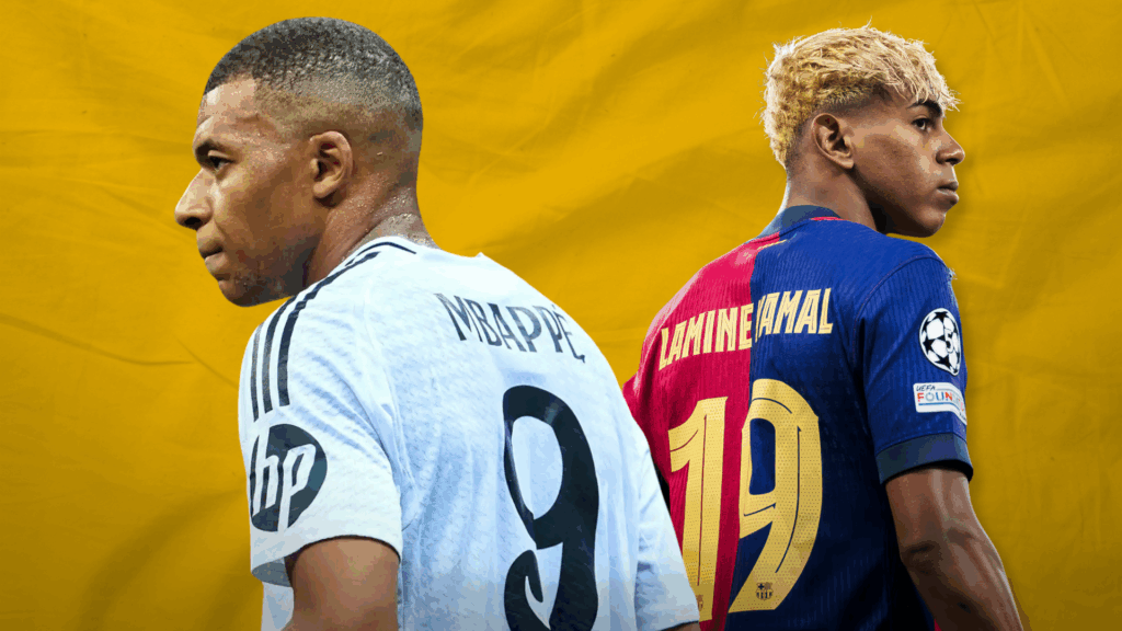 Kylian Mbappé in a Real Madrid jersey and Lamine Yamal in a Barcelona kit, illustrating LaLiga’s balance between superstar compensation and youth-led growth.